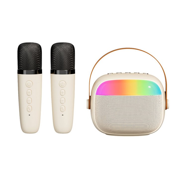 Outdoor portable karaoke speaker with dual microphones and dynamic ambient lighting