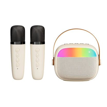 Outdoor portable karaoke speaker with dual microphones and dynamic ambient lighting