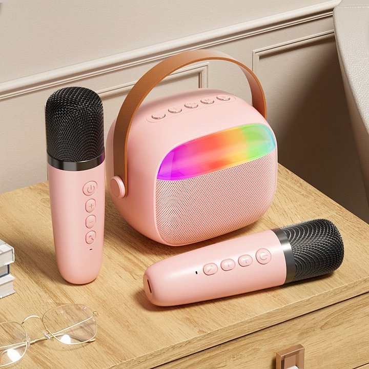 Outdoor portable karaoke speaker with dual microphones and dynamic ambient lighting